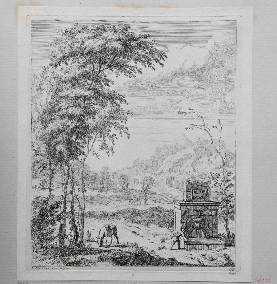 Landschap met een ezel en een man bij een fontein