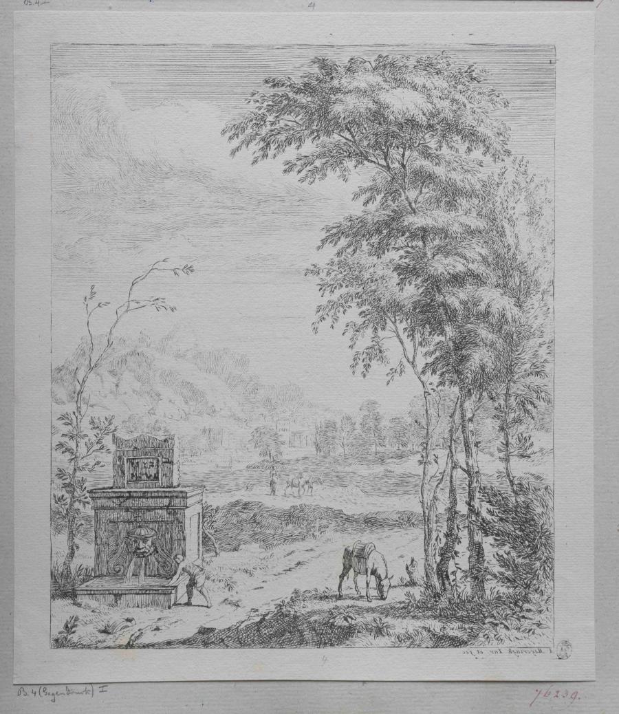 Landschap met een ezel en een man bij een fontein