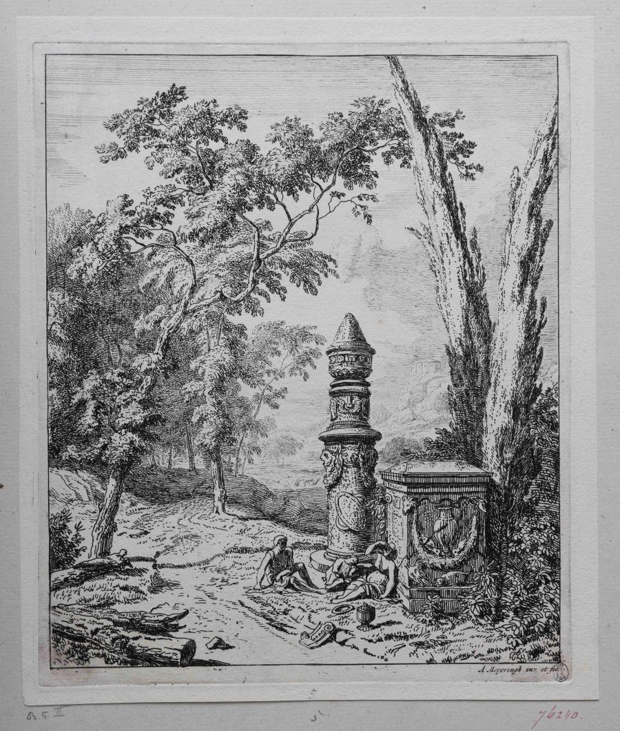 Landschap met rustende mensen bij een sarcofaag