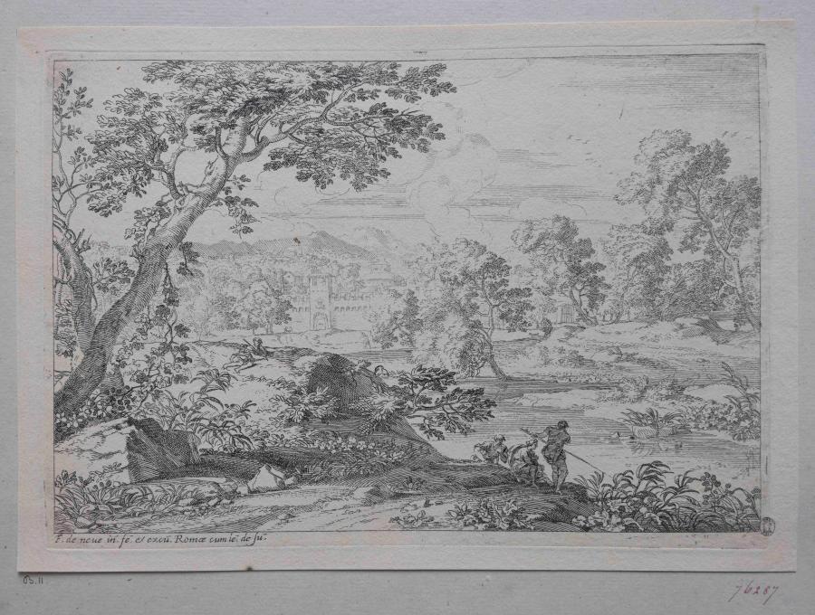 Landschap met visser in gezelschap van twee mensen