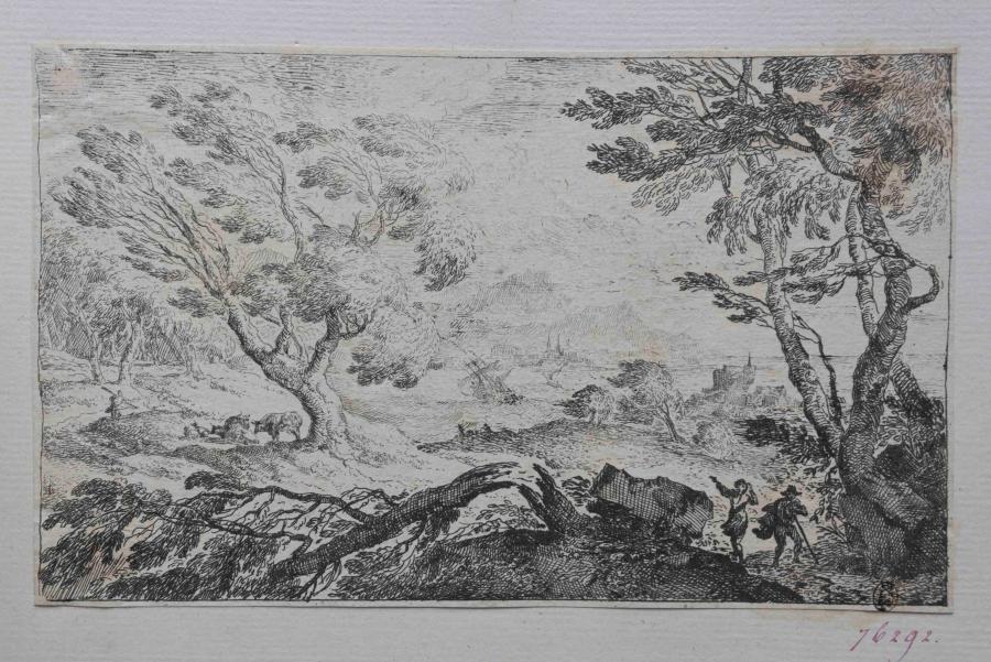 Landschap met twee figuren en koeien