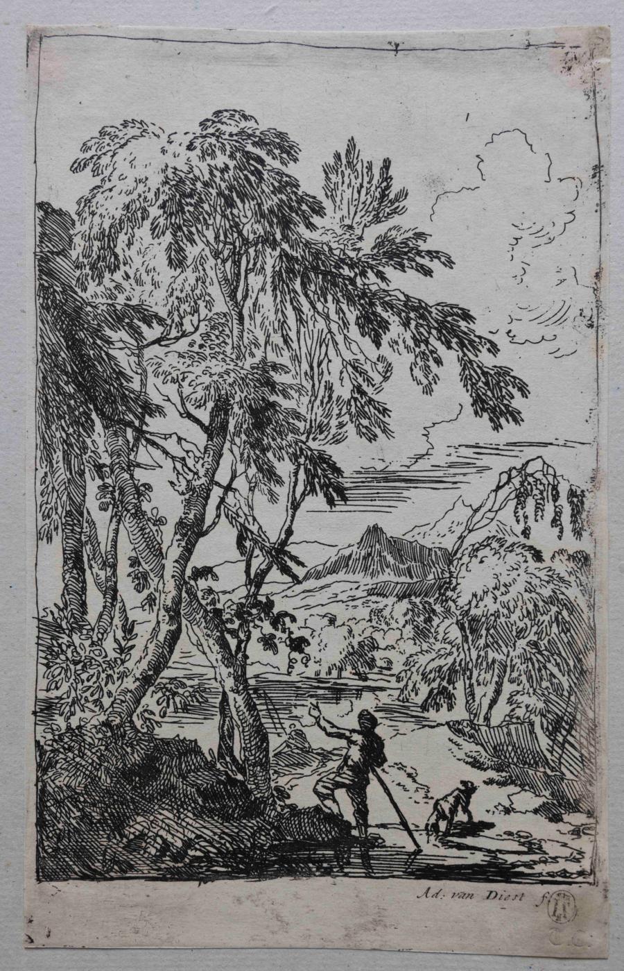 Bergachtig landschap met bomen, man en een hond