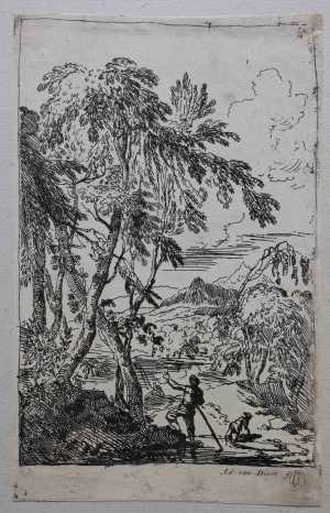 bergachtig-landschap-met-bomen-man-en-een-hond