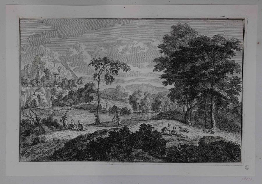 River Landscape with Waterfall and Various Figures