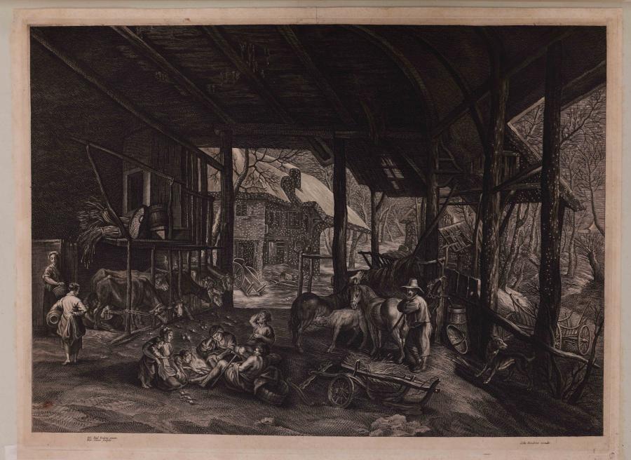 De winter, interieur van een koeienstal