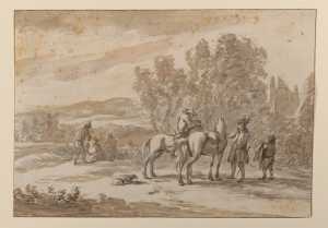 bergachtig-en-boomrijk-landschap-met-figuren-twee-paarden-en-een-hond