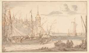 gezicht-op-een-rivier-met-schepen-en-kerktoren