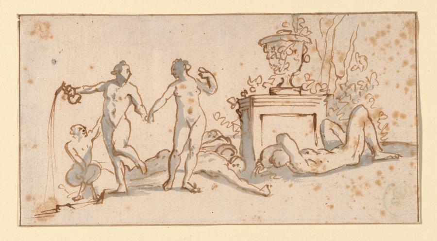 Figures near a Monument with a Vase