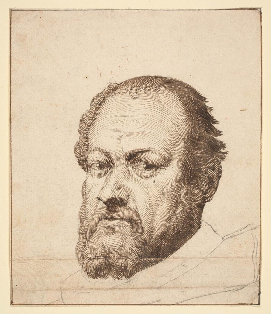 Portret van Sebastiano del Piombo, naar Titiaan, ontwerp voor de prent