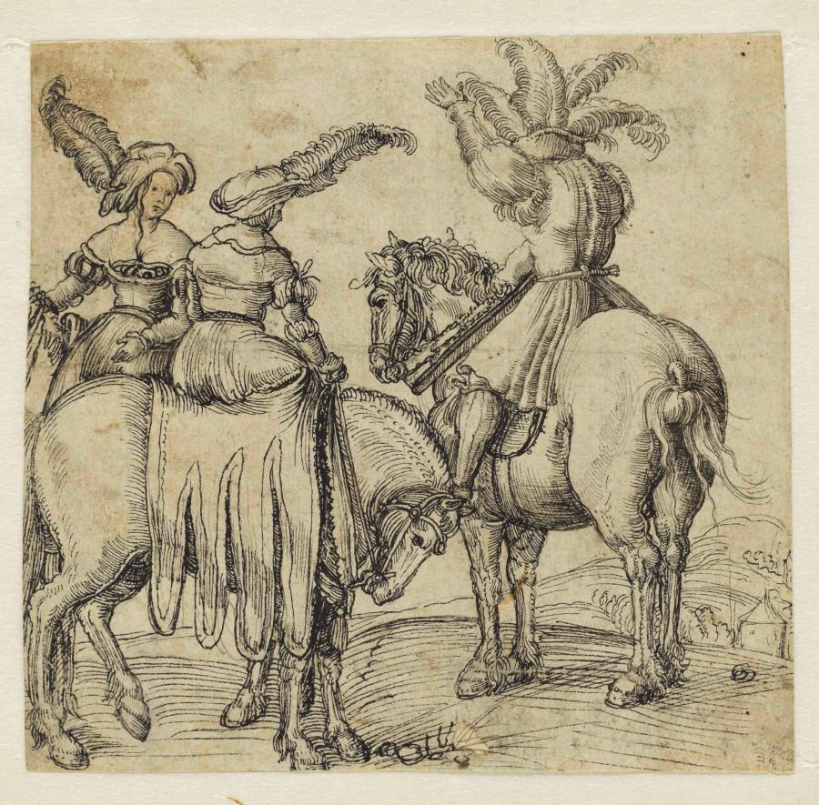 Ruiter met twee courtisanes te paard