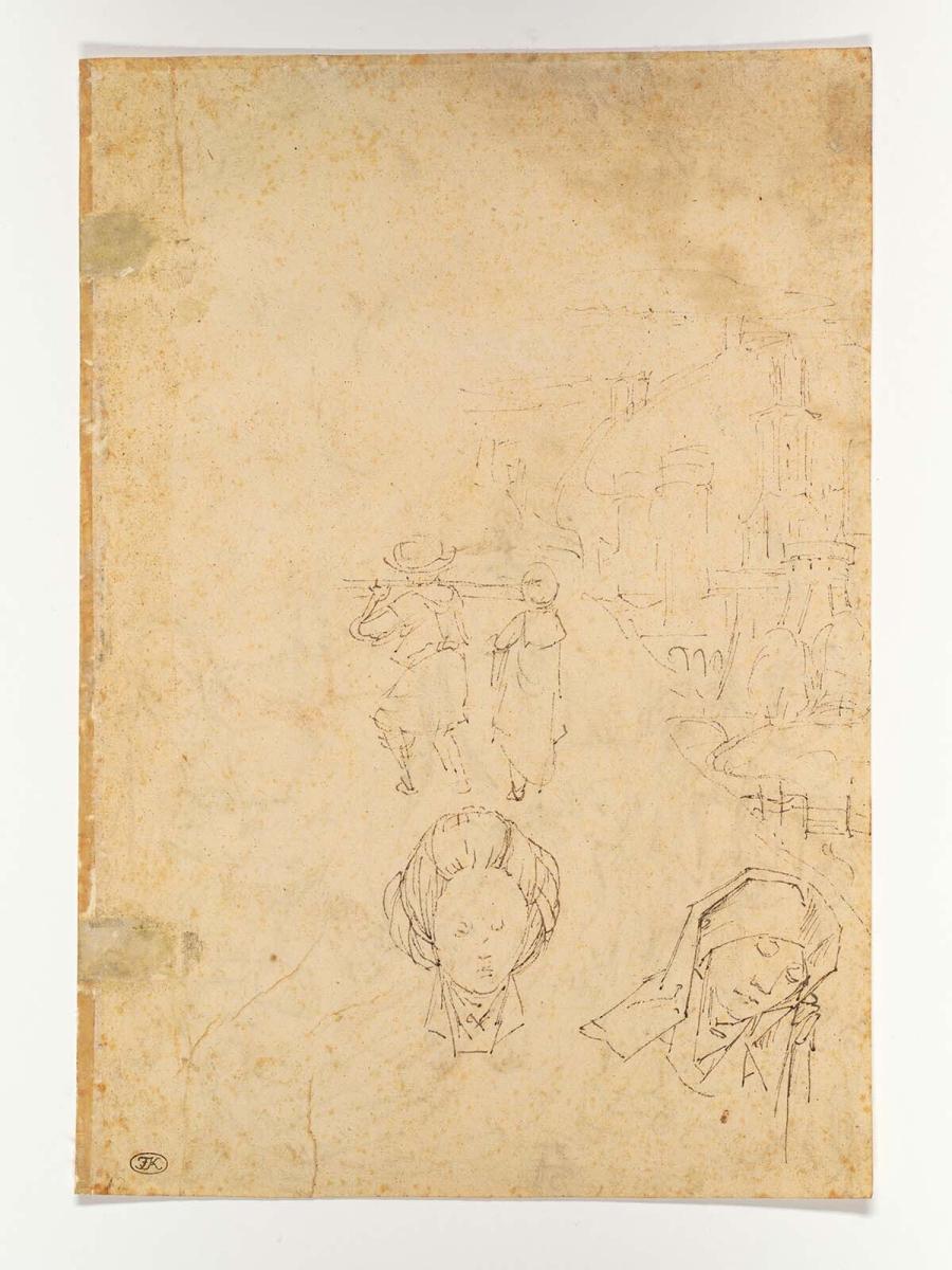 Two Figures, a Fortified Town and a Female Head