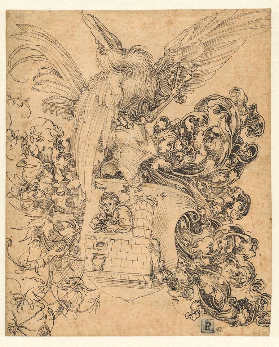 Coat of Arms with a Pelican and a Boy Leaning on a Stove