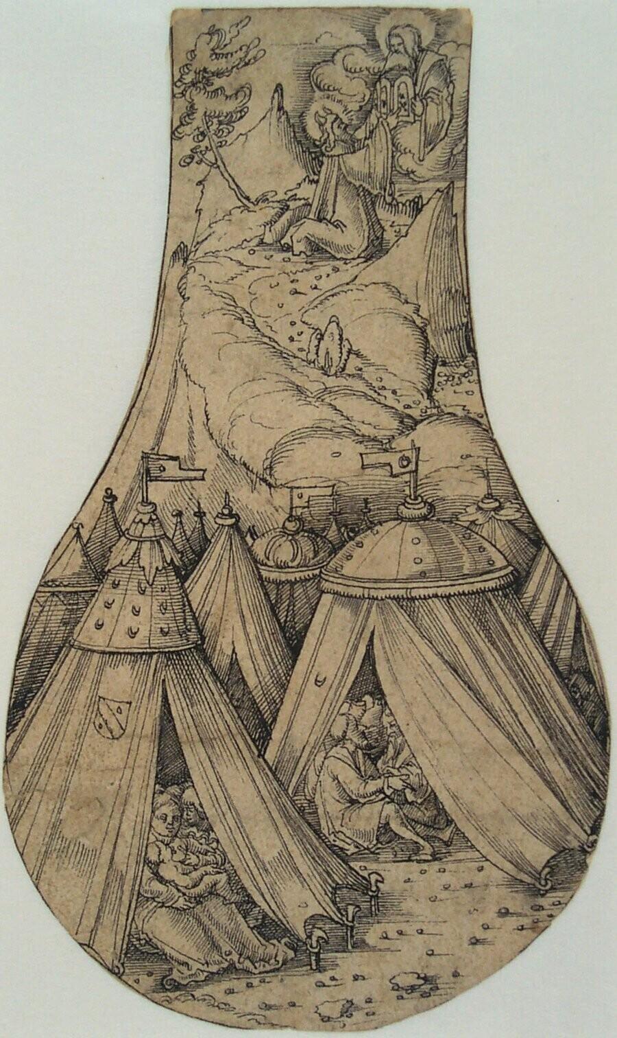 Het kamp van de Israelieten (beneden), Mozes ontvangt de tien geboden op de berg Sinai (boven)