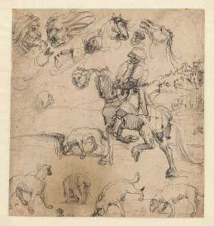 jachtscene-met-een-valkenier-te-paard-met-vijf-honden-en-diverse-afzonderlijke-studies-daaromheen