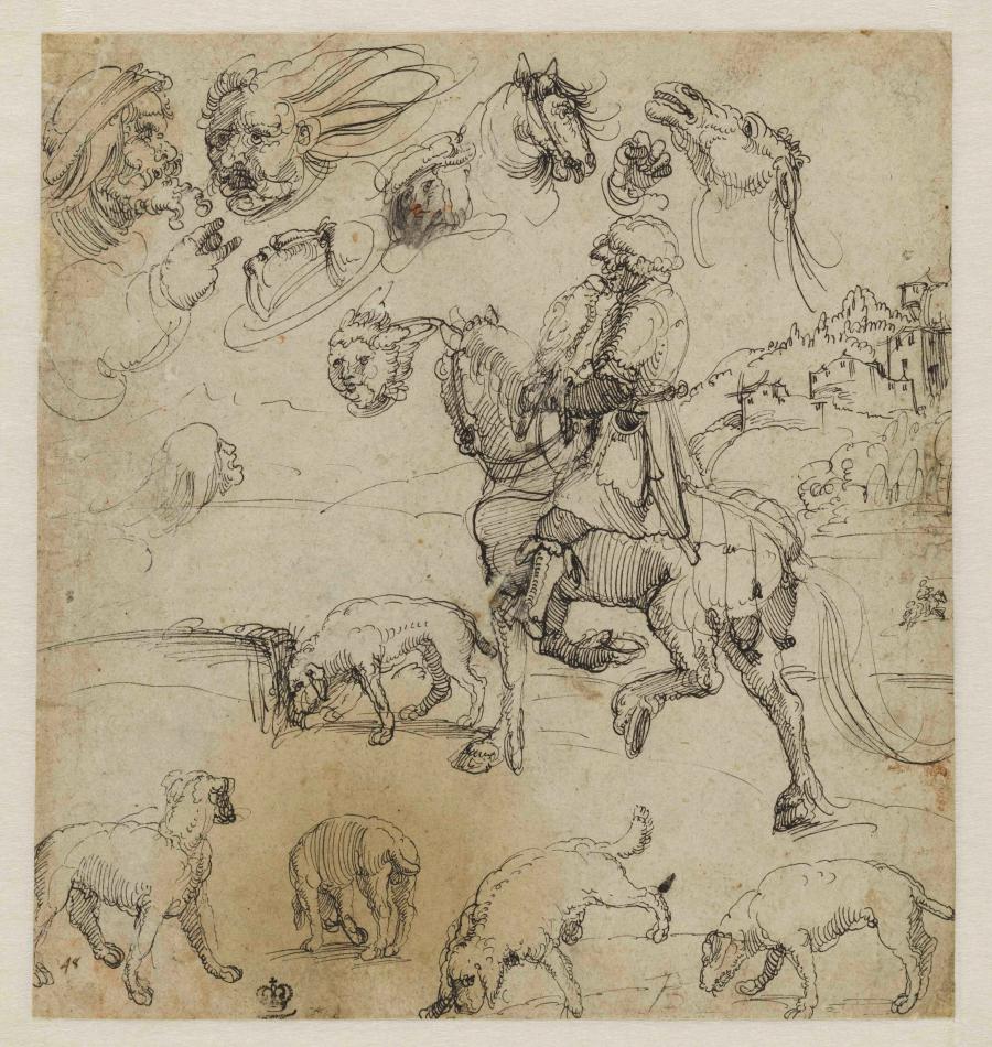 Hunting Scene: a Falconer on Horseback with Five Dogs, Several Separate Studies of Heads
