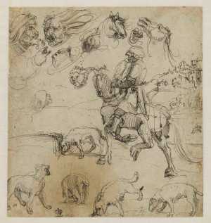hunting-scene-a-falconer-on-horsback-with-five-dogs-with-several-separate-studies-of-heads