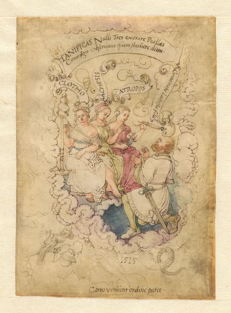 The Fates Clotho, Achesis and Atropos, with a Kneeling Man