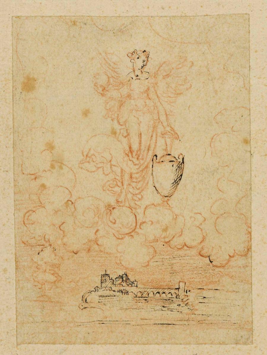 Winged Female Figure Holding a Vase Standing on a Globe (Nemesis), Hovering Over a City on a River