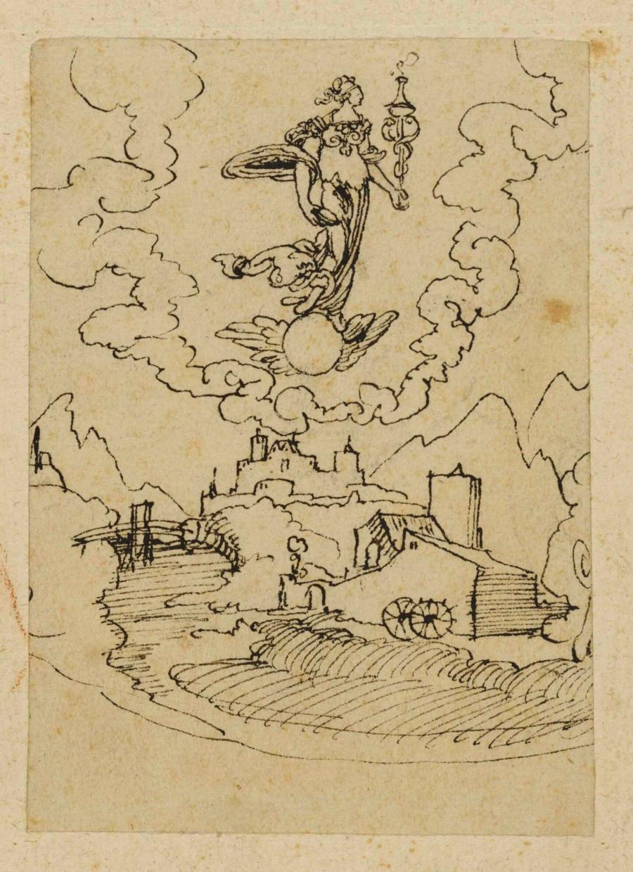 Female Figure Holding a Mercury Staff on a Winged Globe (Fortune), Hovering Over a Landscape with a Watermill