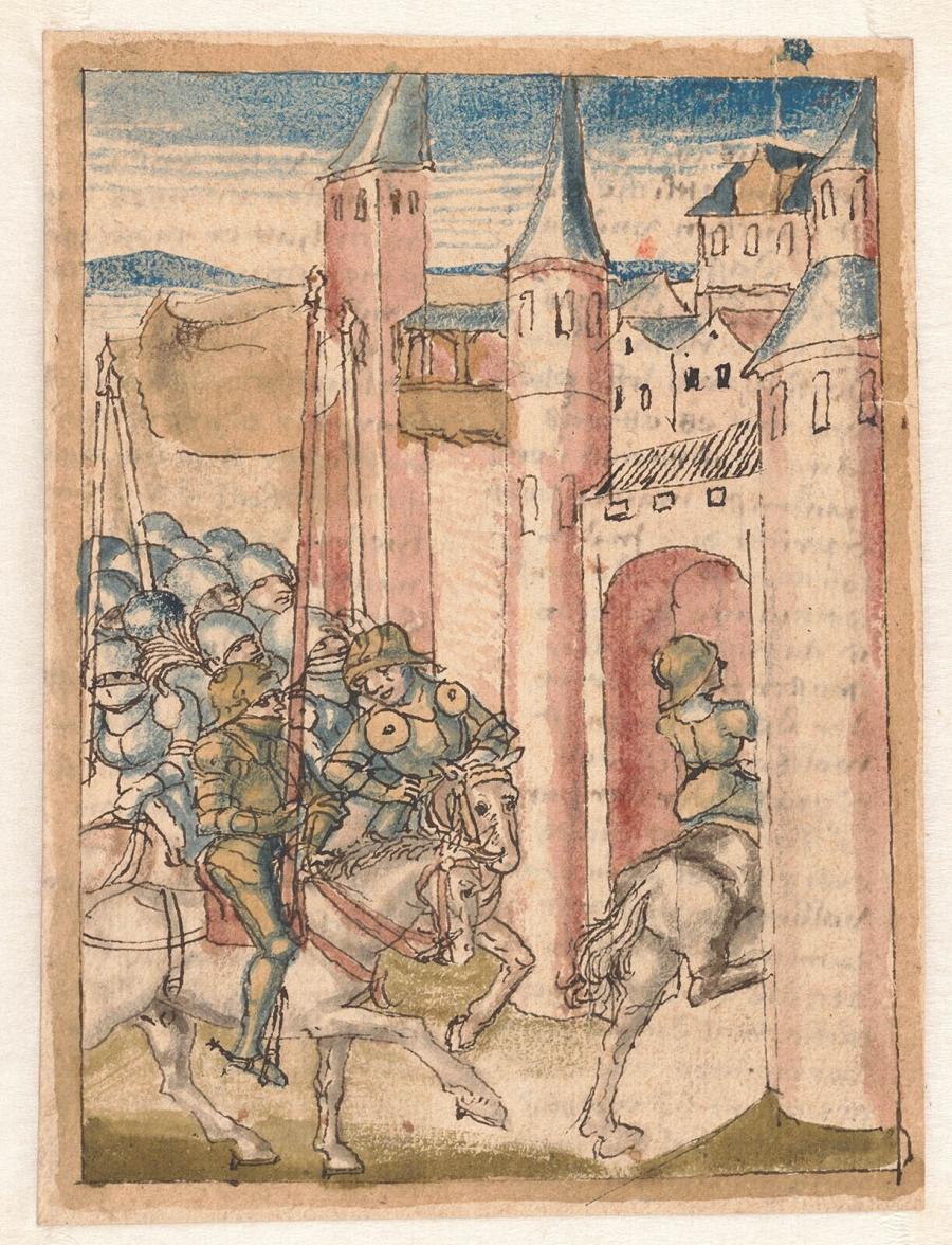 Ruiters die een stad binnengaan