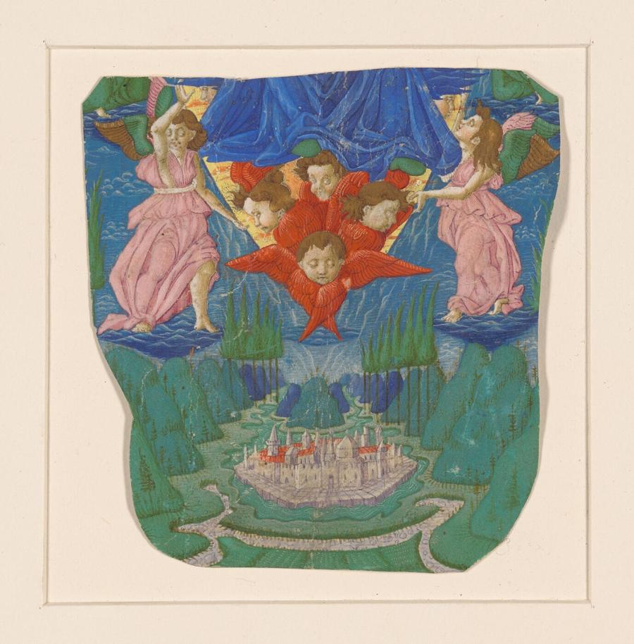 Fragment uit een verlucht handschrift: gehistorieerde letter V met de aanvaarding van Maria