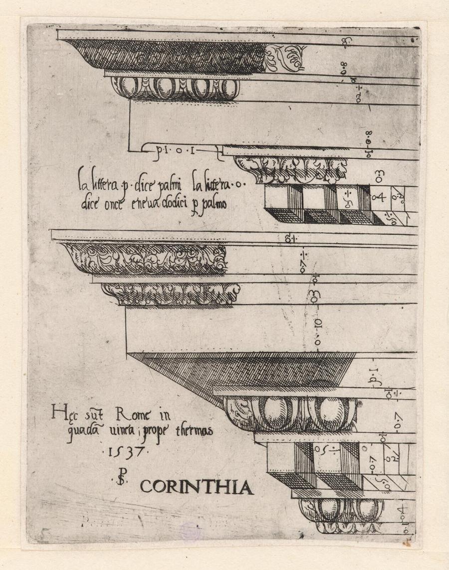 Prent uit de serie Klassieke bouwonderdelen: twee doorsneden van versierde kroonlijsten van vlakbij de badhuizen
