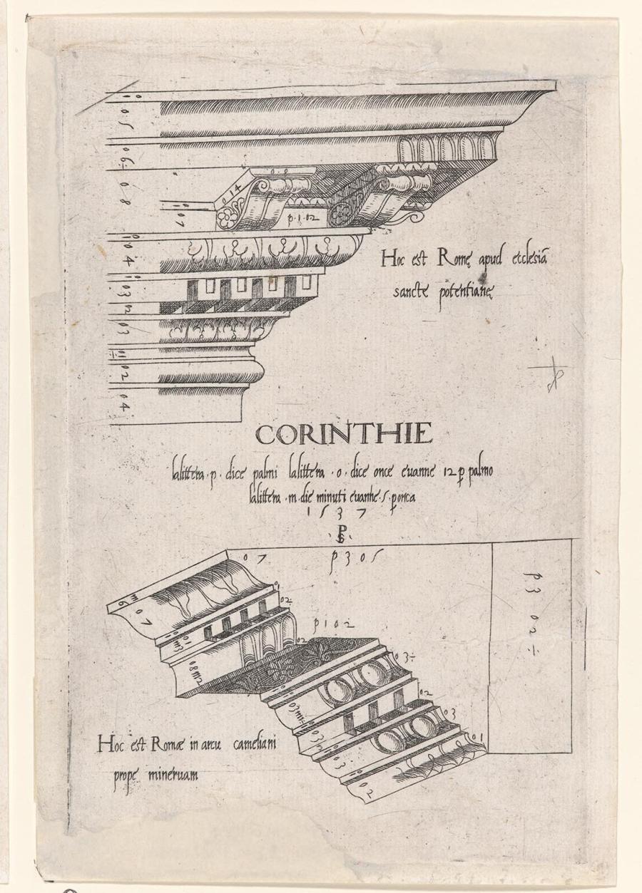Print from the Classical Series of Architectural Parts: Sections of two Decorated Entablatures of the Santa Pudenziana and the Arch of Camigliano
