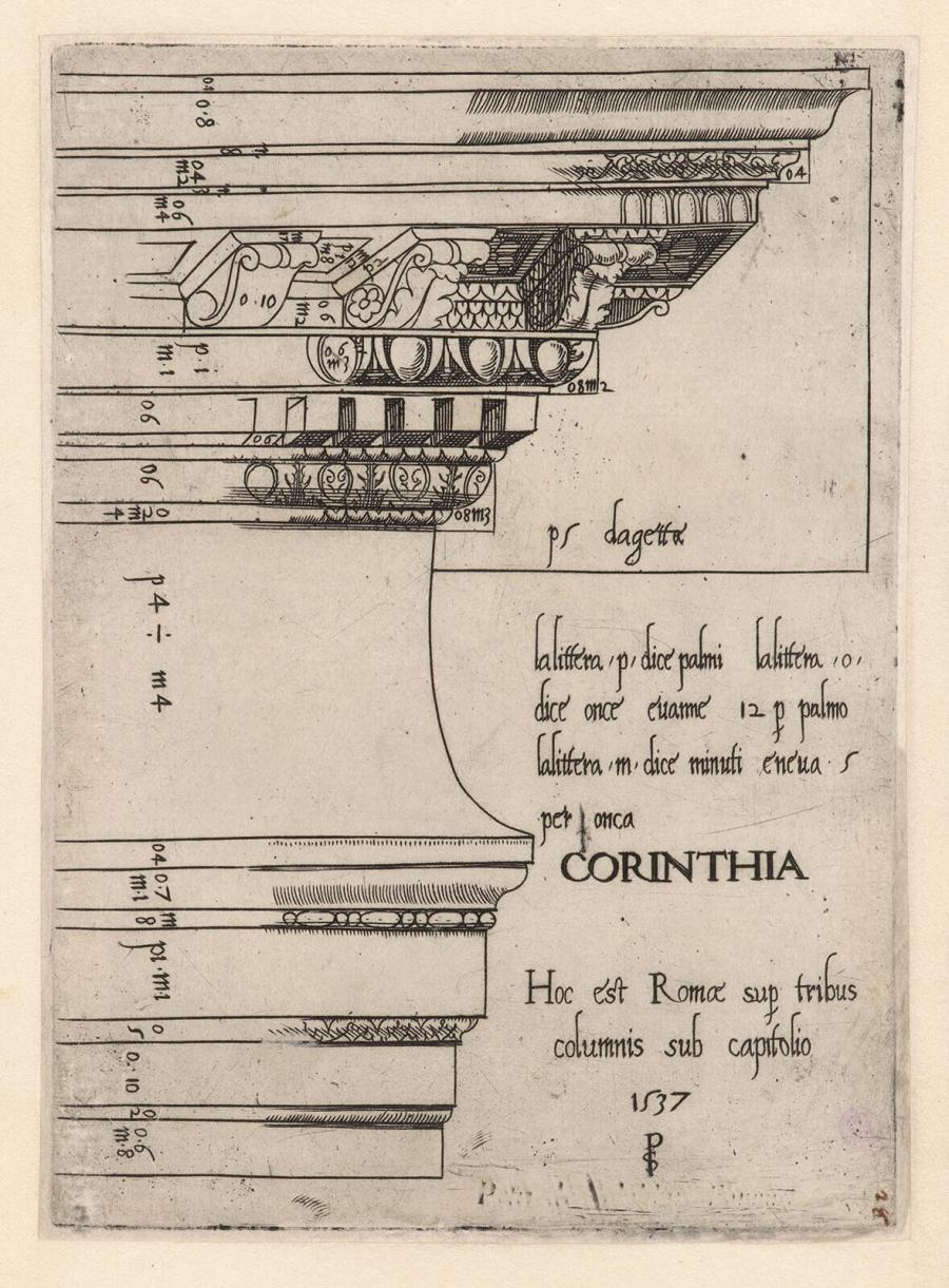 Prent uit de serie Klassieke bouwonderdelen: delen van versierde kroonlijsten van de drie zuilen onder het Capitool