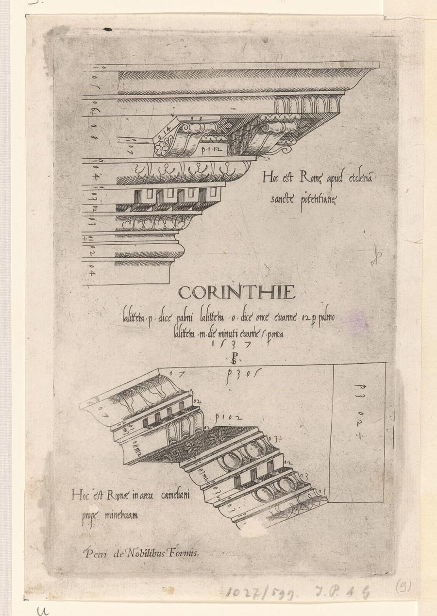 Print from the Series of Classical Architectural Parts: Sections of Two Decorated Entablatures from Santa Pudenziana and the Arch of Camigliana