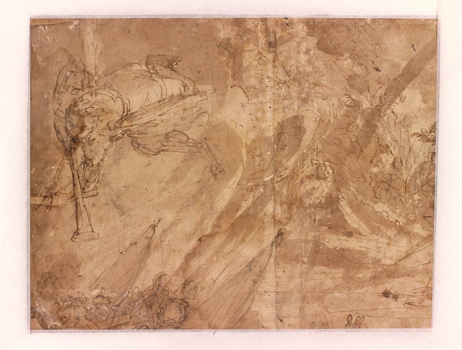 Angel with a Trumpet and Several Figures with Flags