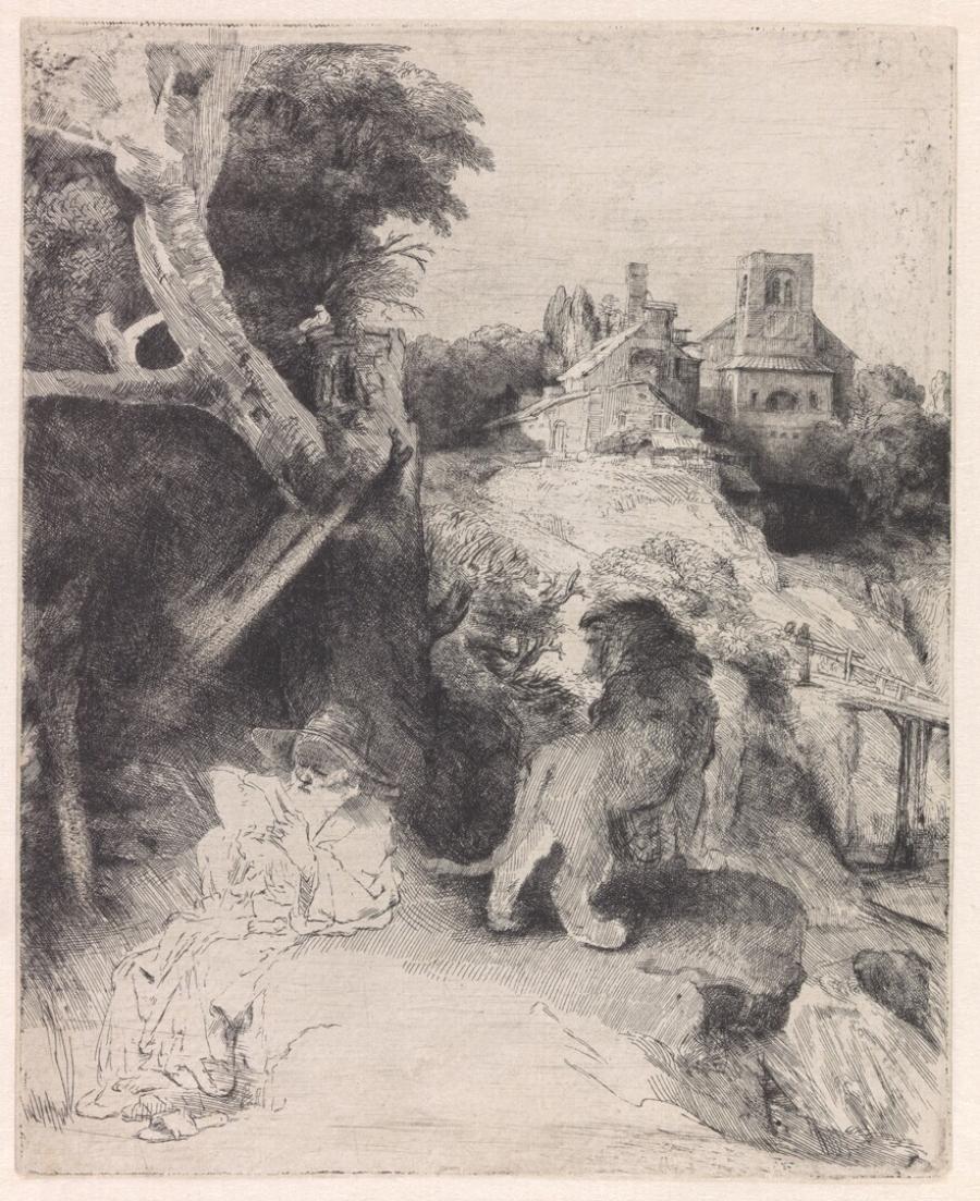 De heilige Hieronymus lezend in een Italiaans landschap