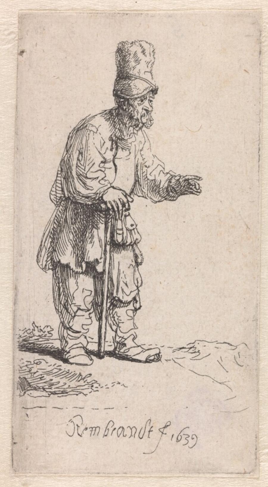 Boer met hoge muts, leunend op een stok