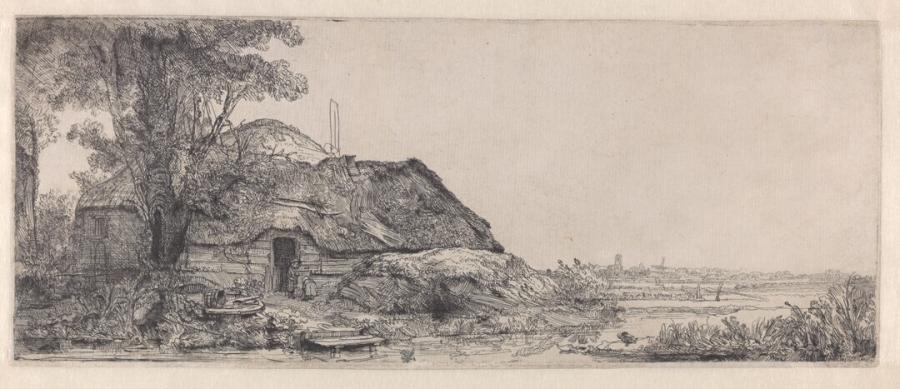 Landschap met boerenwoning en hoge boom