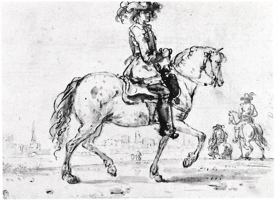 Rider on Horseback, in Profile Facing Right, a City on a River in the Distance