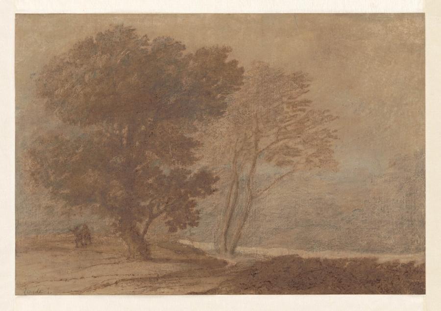 Landschap met bomen en twee wandelaars