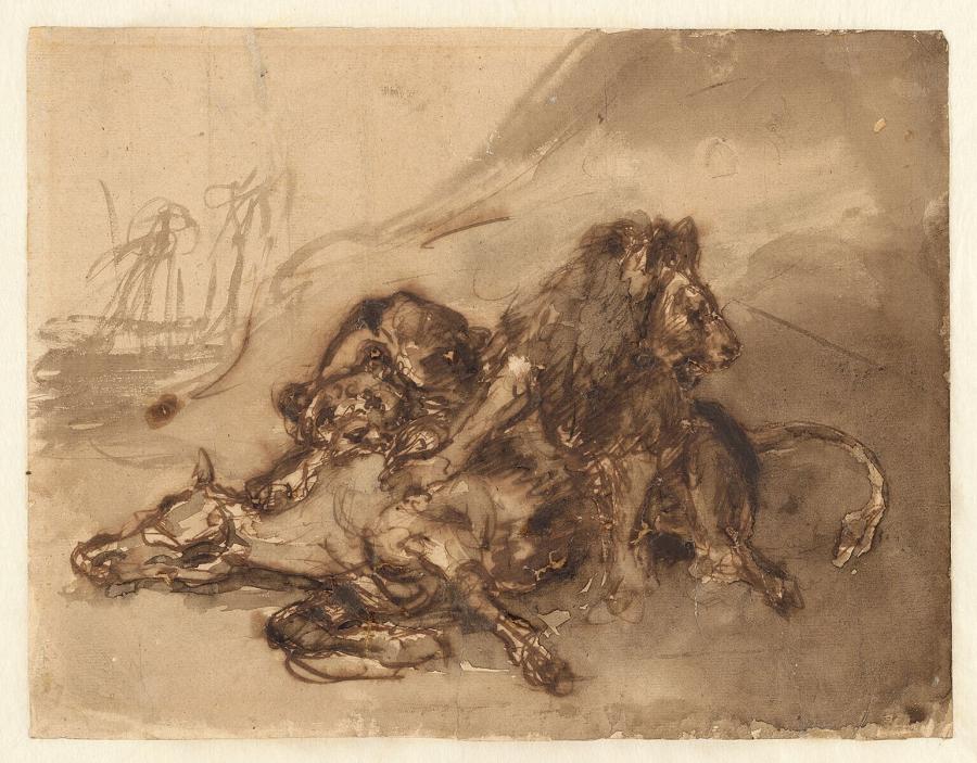 Lion and Lioness Devouring a Horse