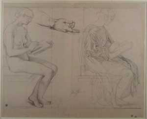 two-studies-of-a-seated-woman-drawing-naked-and-clothed-and-one-of-of-a-man-s-hand-for-the-painting-christ-among-the-doctors-musee-ingres-montauban