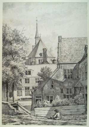 hollands-stadsgezicht-een-kerk-in-de-achtergrond