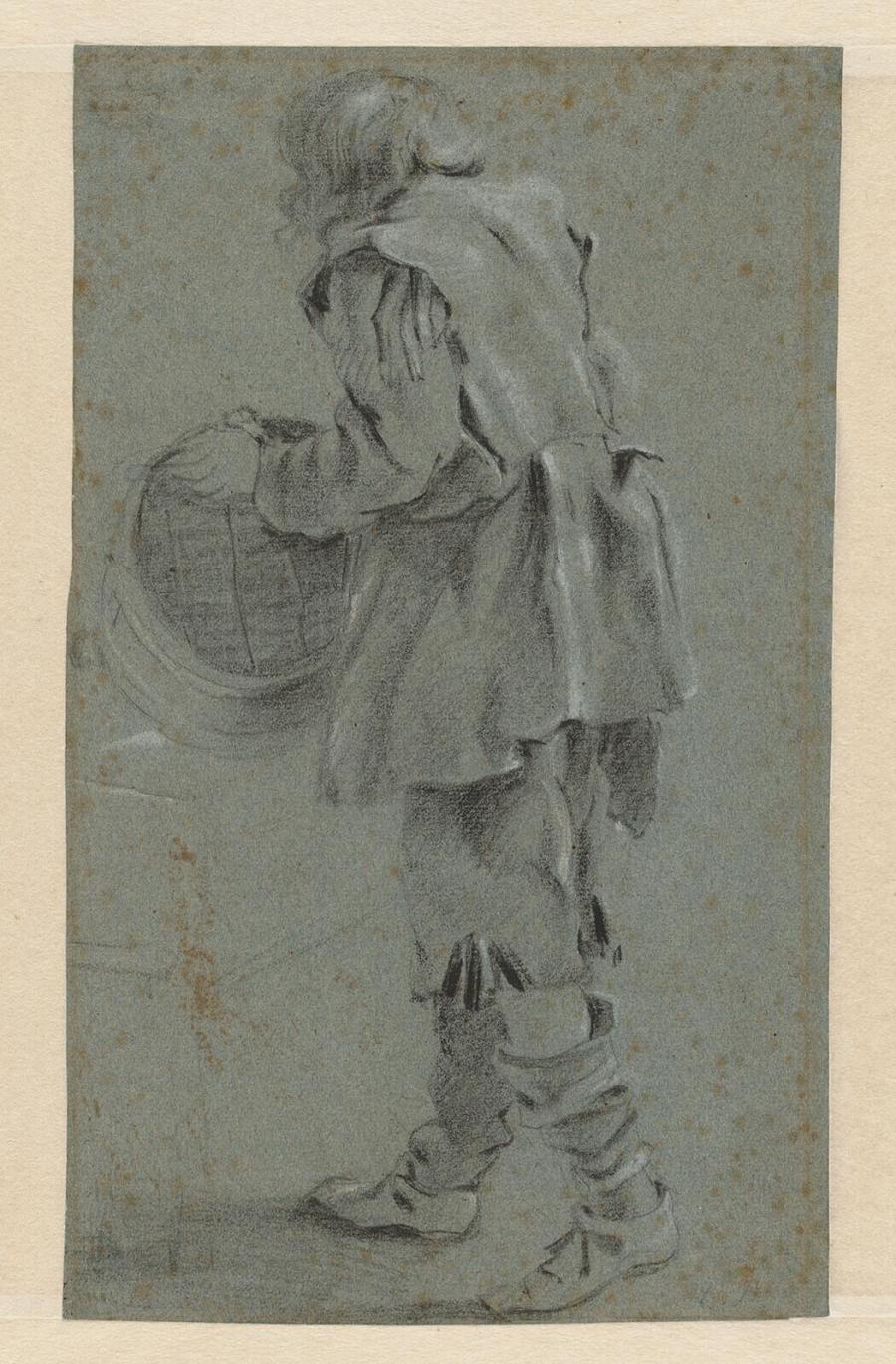 Jongeling, naar links weglopend, die een vat omkeert