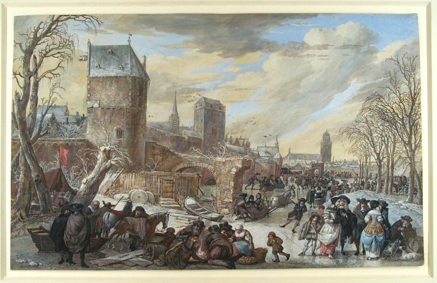 Cityscape with People on a Frozen Moat