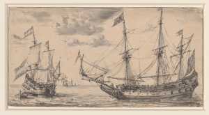 oorlogsschepen-op-zee-links-een-schip-voor-anker-en-twee-sloepen