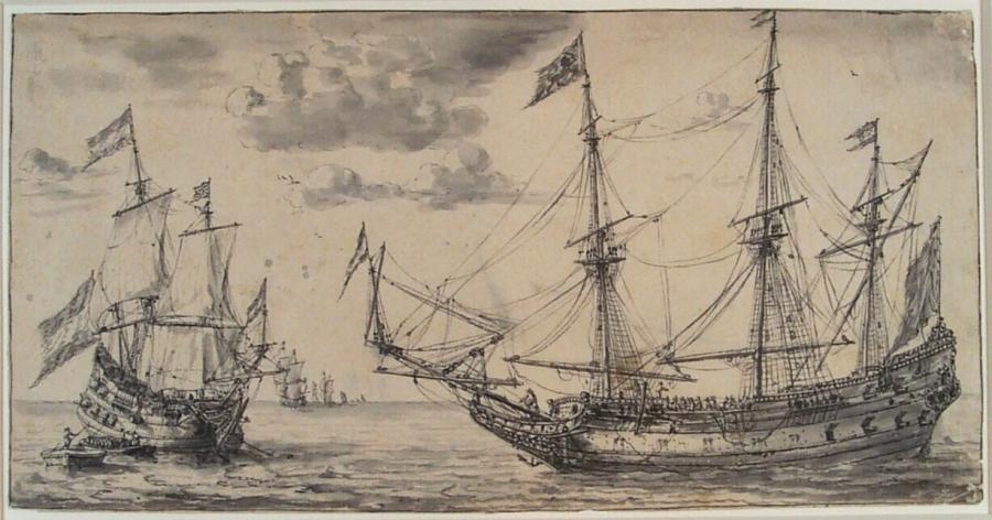 Warships at Sea. On the Left a Ship at Anchor and Two Sloops