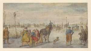 winterlandschap-met-een-slede-en-schaatsers-op-een-bevroren-kanaal