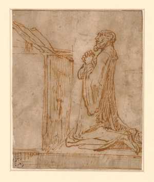 biddende-monnik-geknield-voor-een-altaar