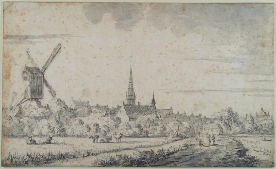 Gezicht op een stad, links een molen