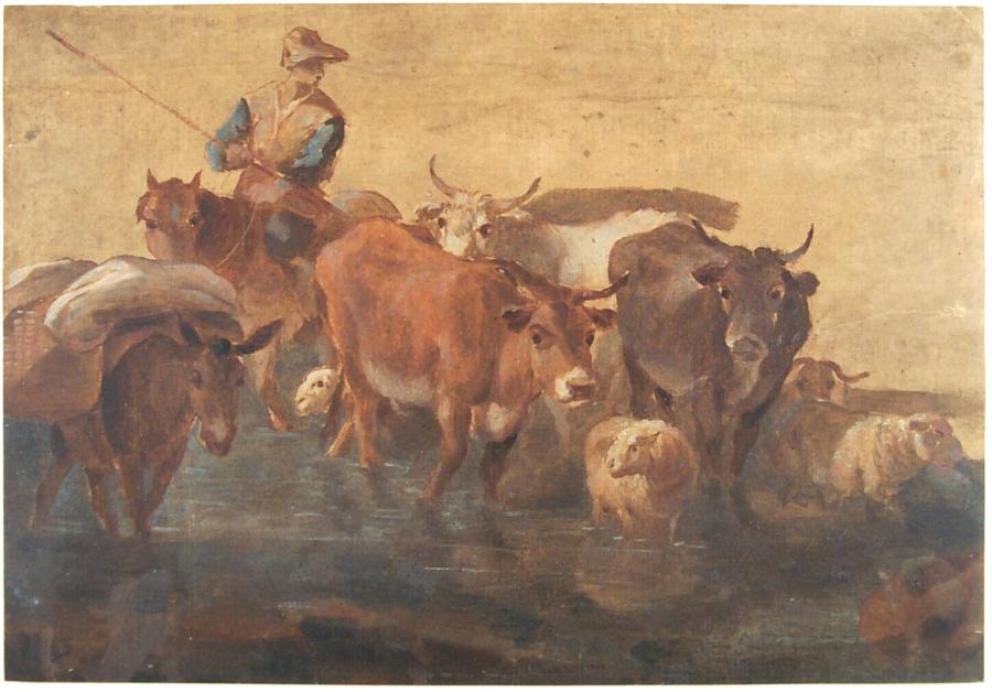 Herder te paard, met koeien en schapen