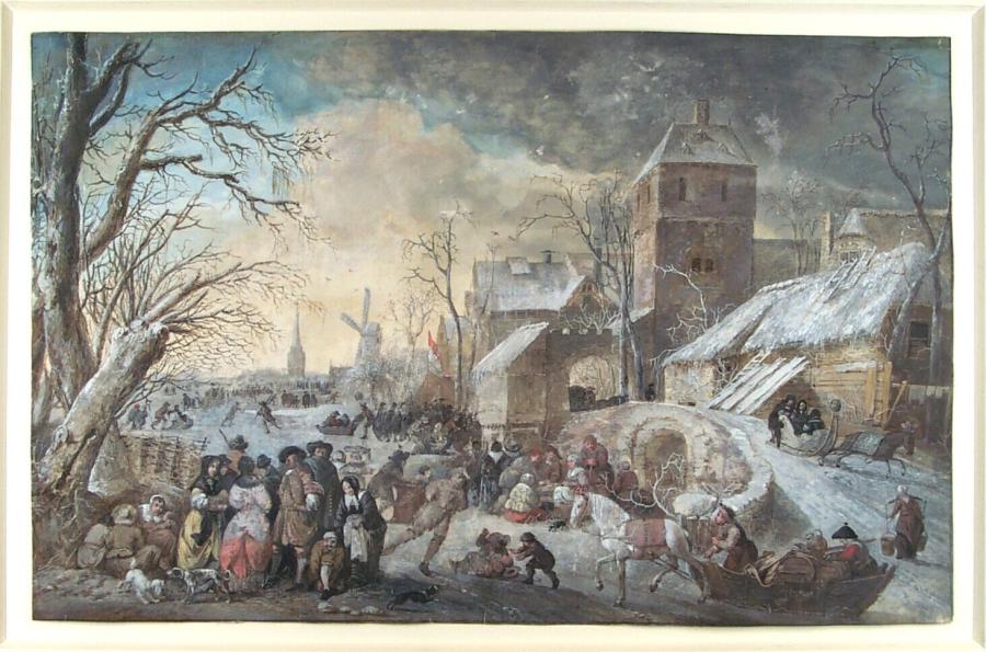 Winter Landscape with People  on the Ice near a City Gate