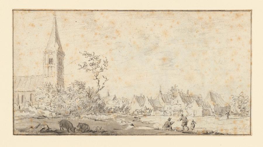 View of a Village with a Church on the Left and a Draftsman on the Right