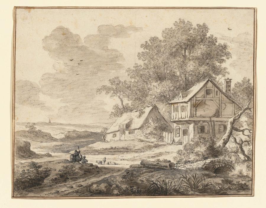 View with Two Farmhouses and a Resting Hiker