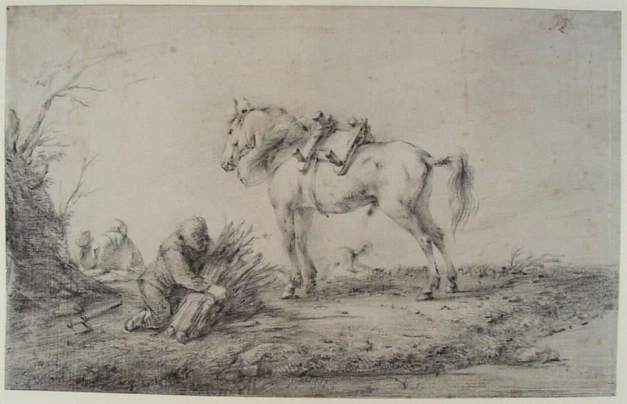 Staande schimmel met links daarvan een gehurkte man met takkenbos